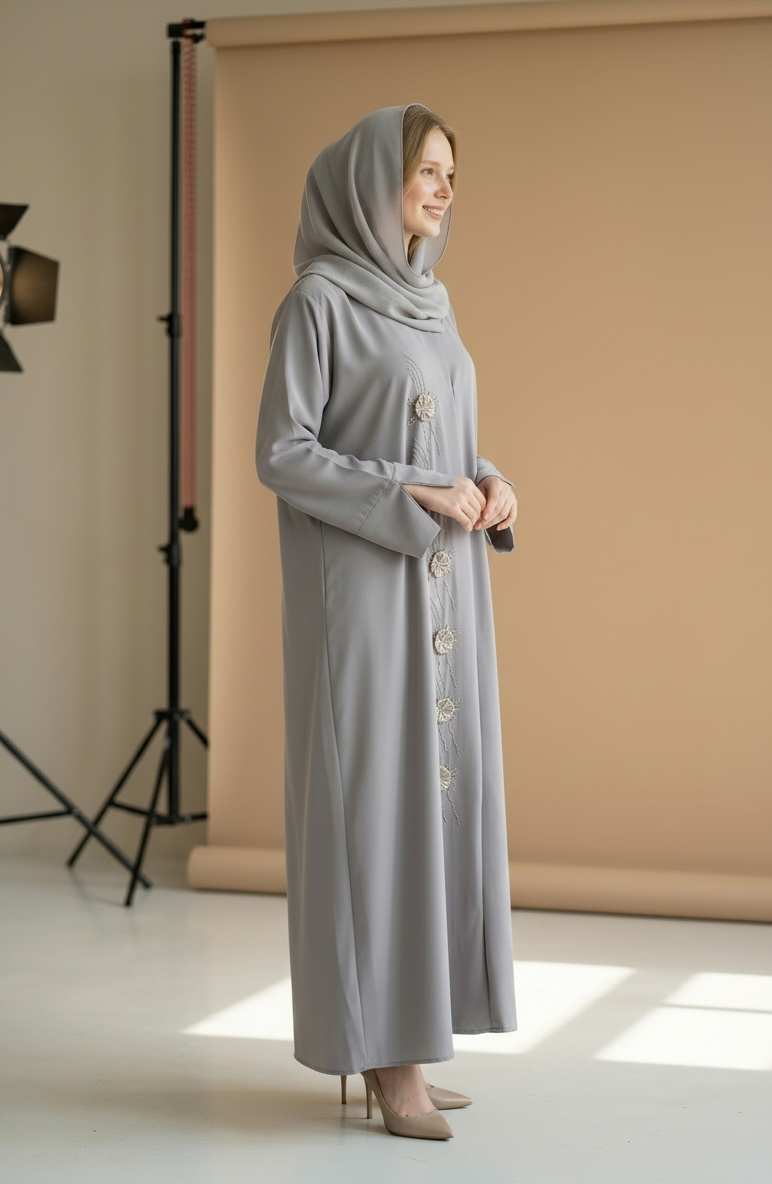 Dove Grey Floral Embroidered Abaya