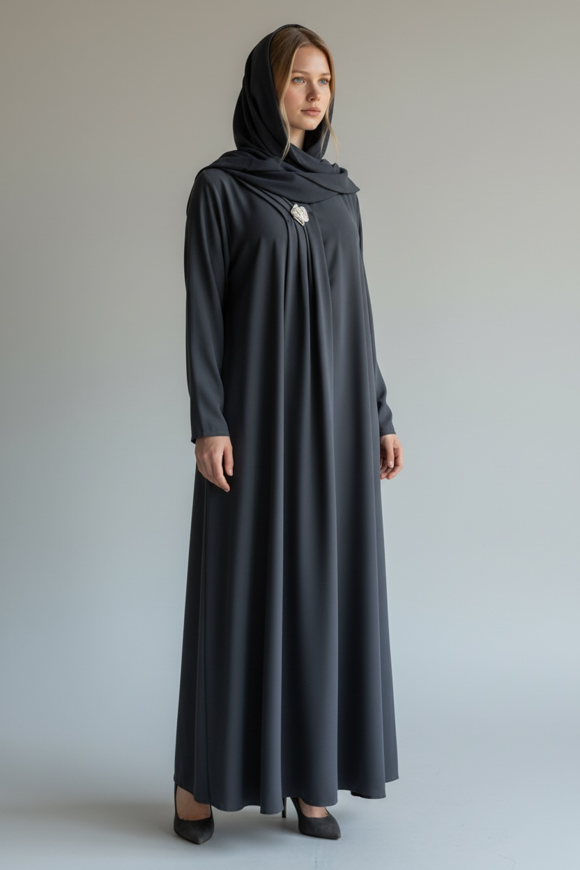 Hooded Elegance Abaya with Crystal Brooch