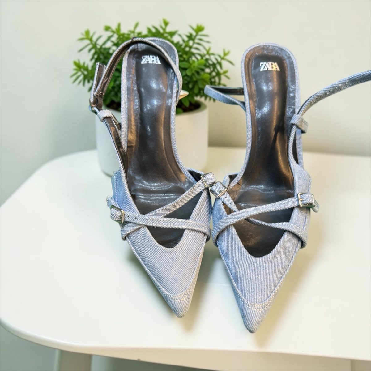 Zara Denim Bow Slingback Heels