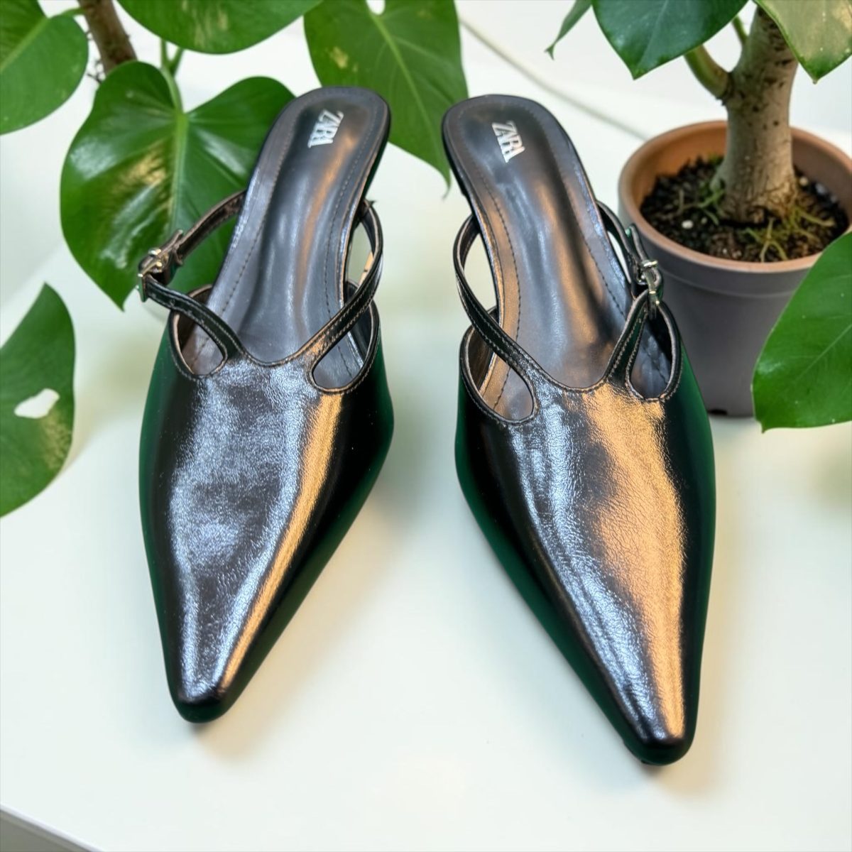 Zara Patent Leather Pointed Toe Slingback Mules