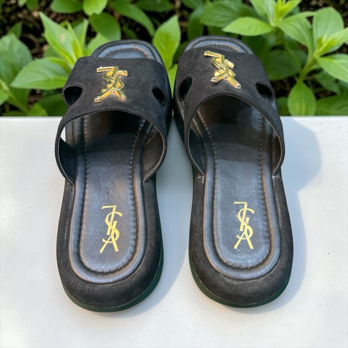 YSL Leather Signature Suede Slides