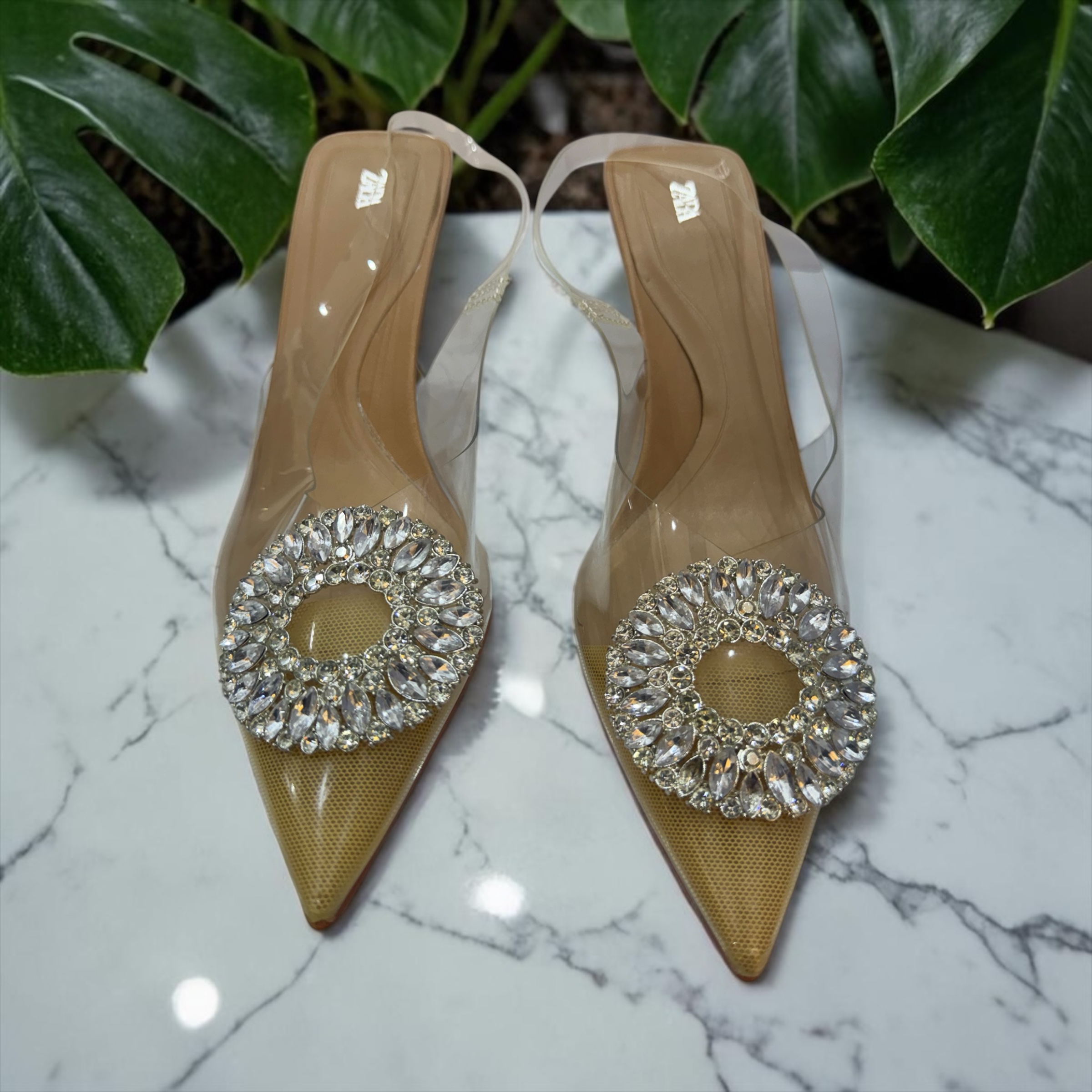 Crystal Embellished Clear Strap Mules