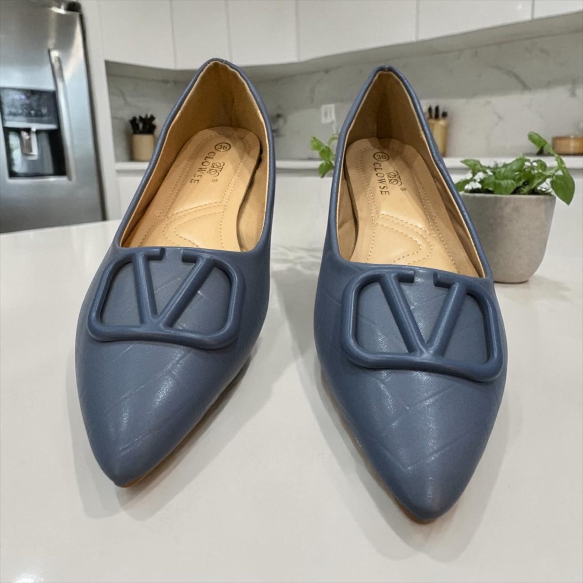 V Logo Pointed Toe Ballet Flats