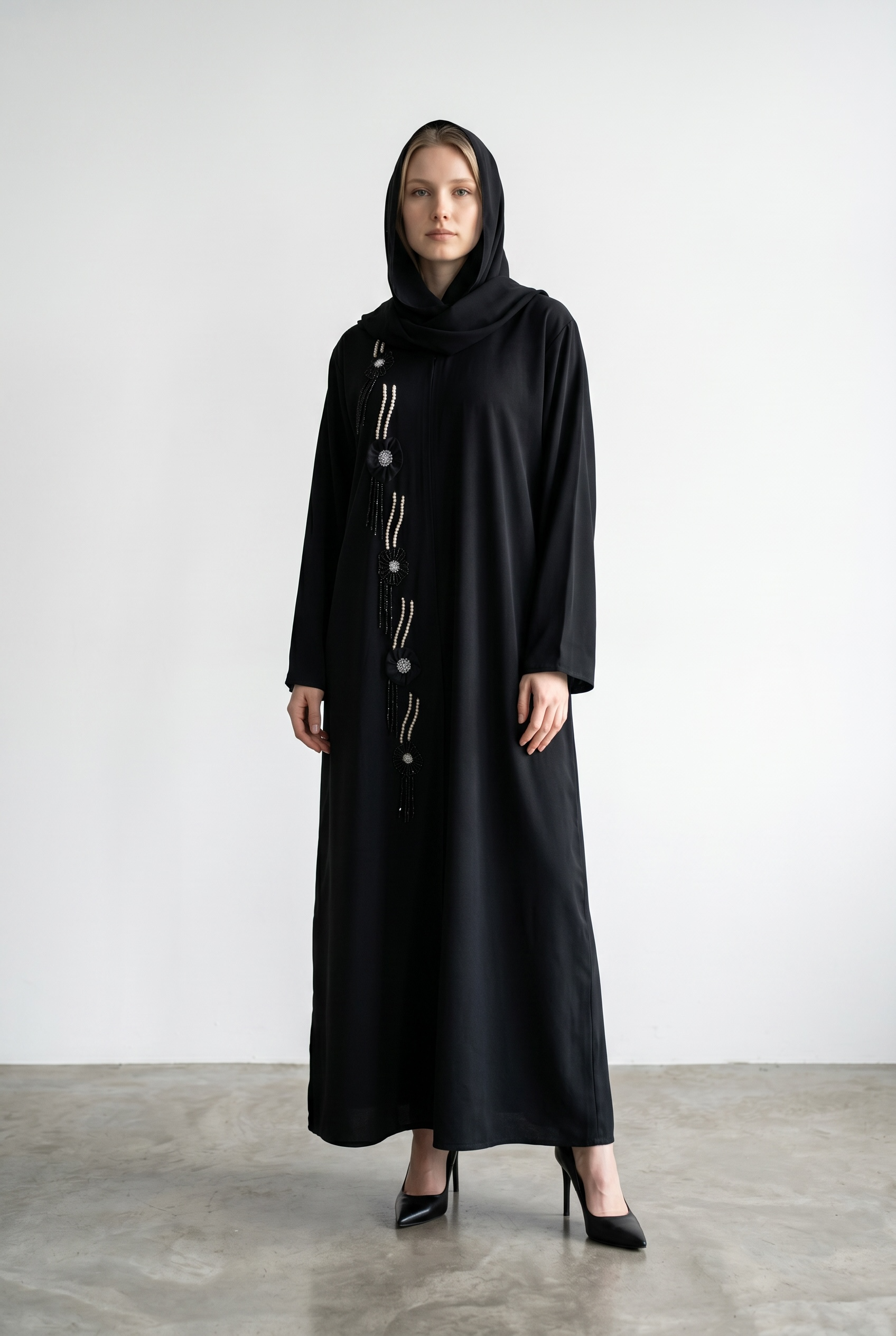 Silver Beaded Front Panel Abaya