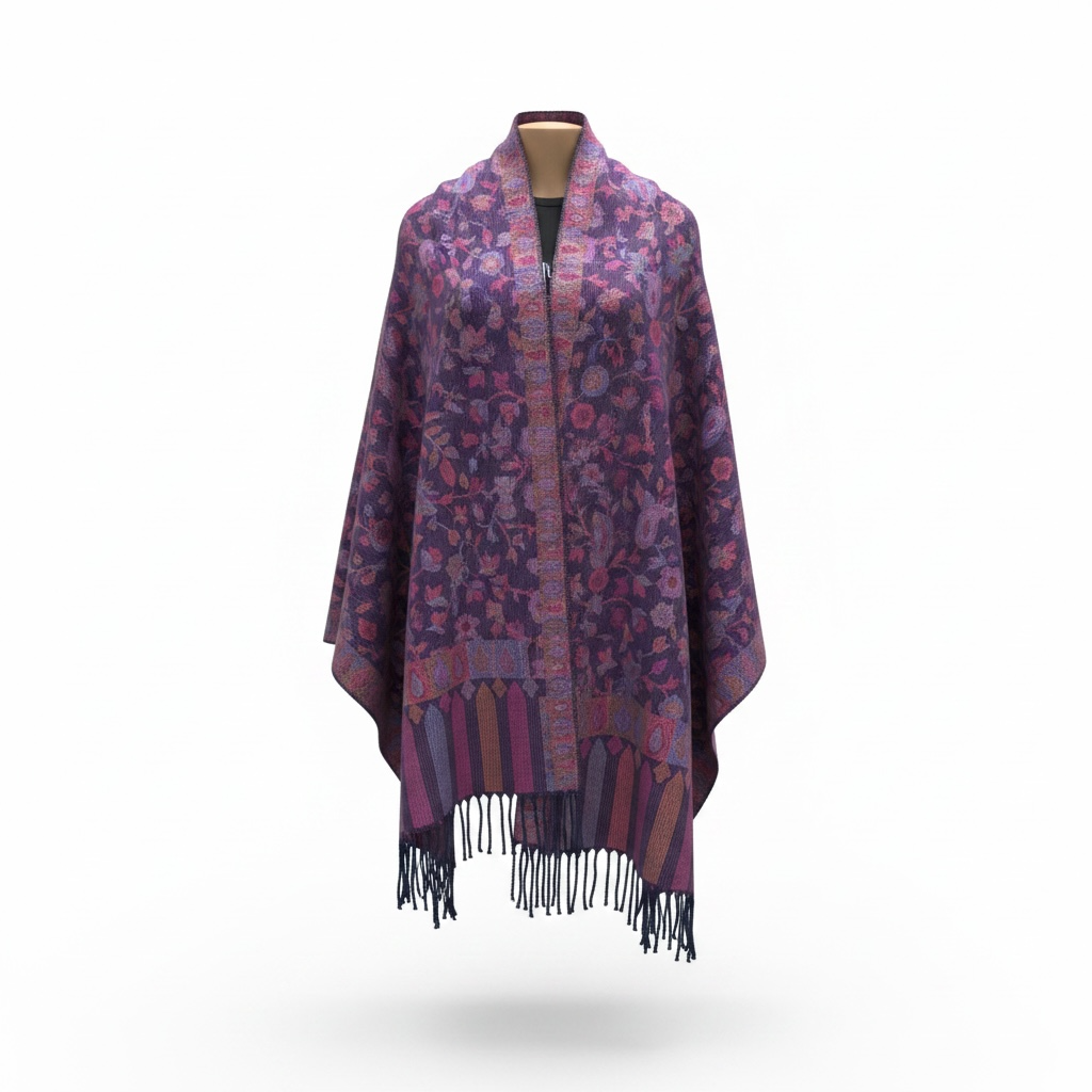 Purple Floral Cashmere Shawl with Fringe