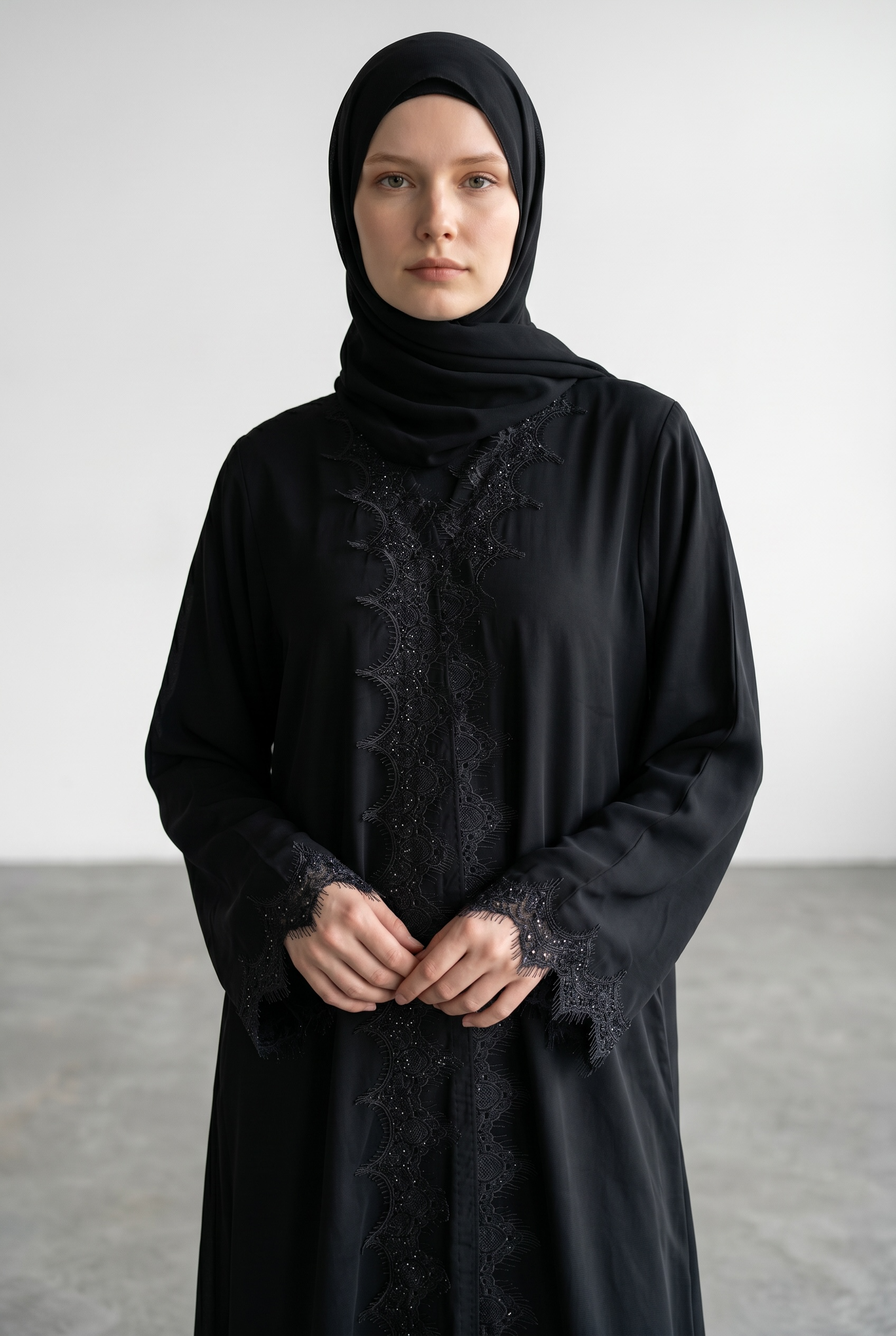 Classic Black Lace-Trim Abaya
