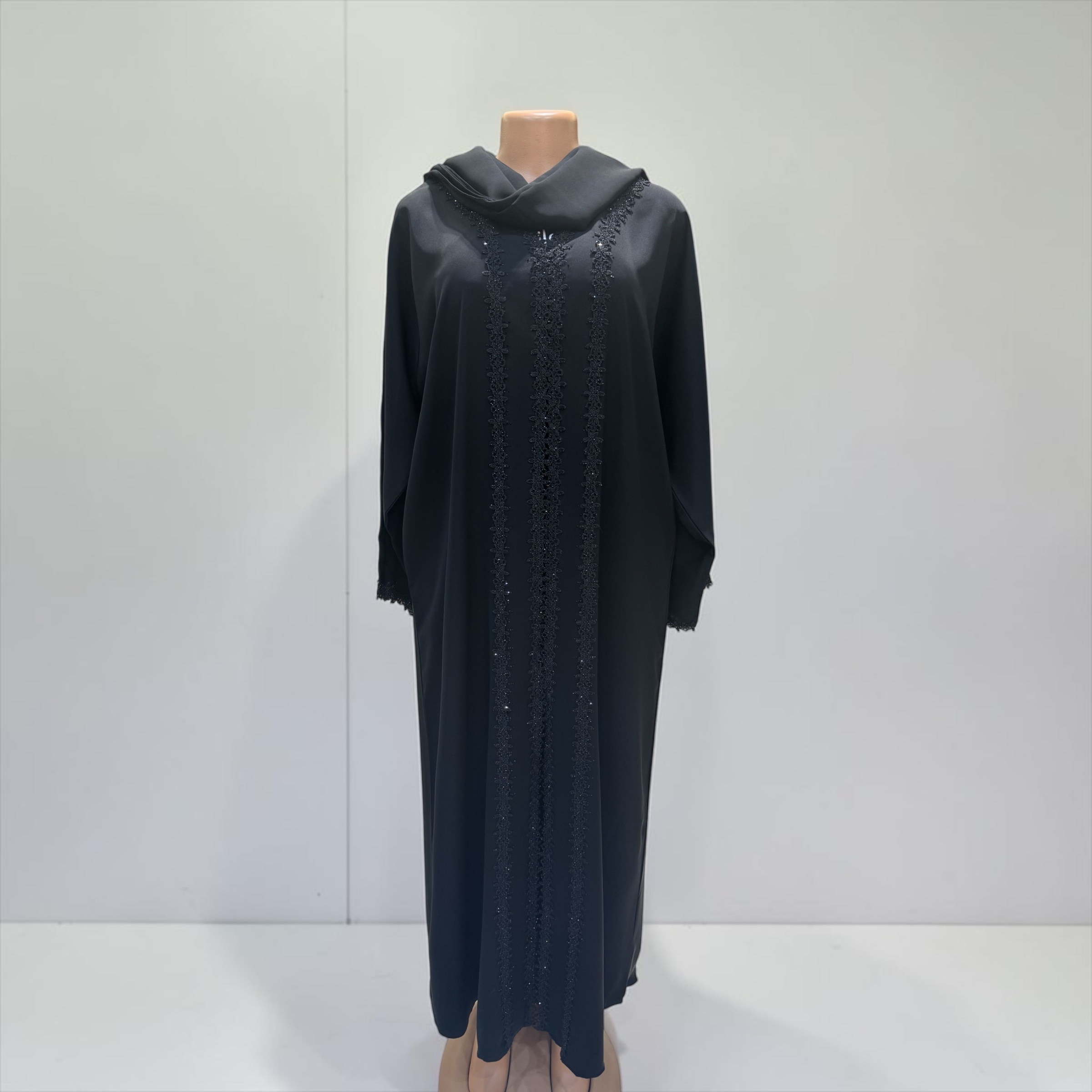 Contemporary Beaded Abaya with Lace Accents