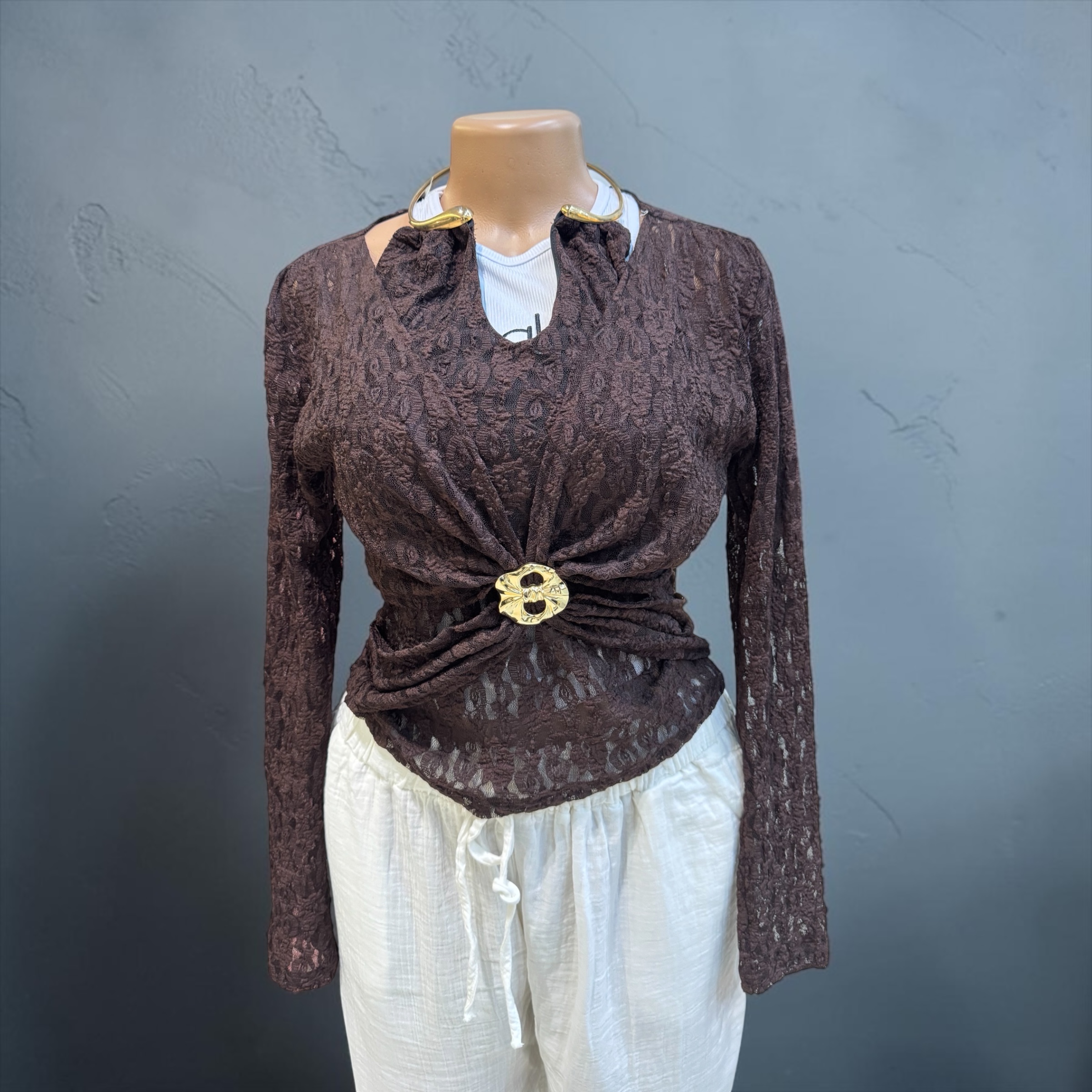Lace Twist-Front Top with Brooch Shirt