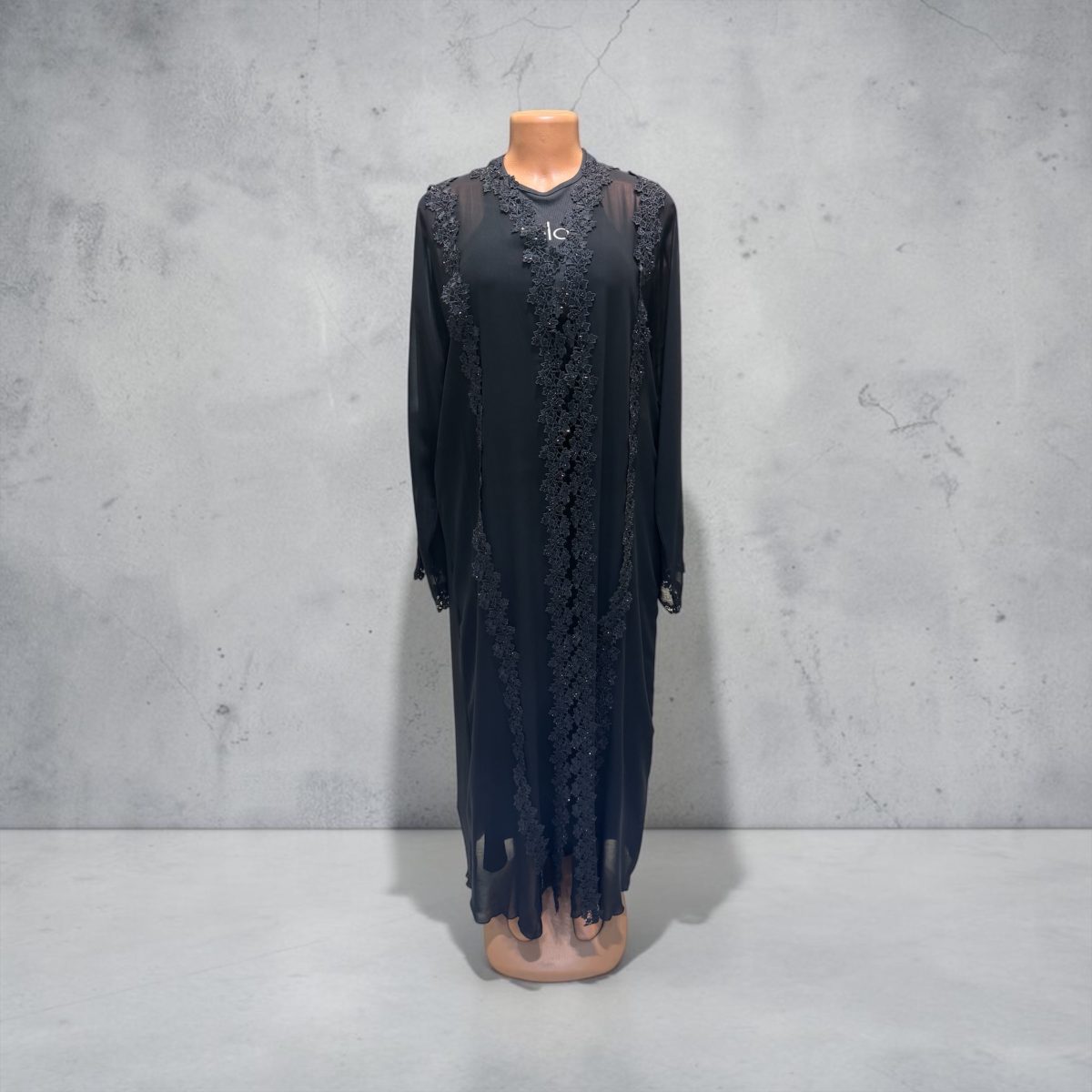 Luxe Lace Panel Abaya with Sheer Overlay 