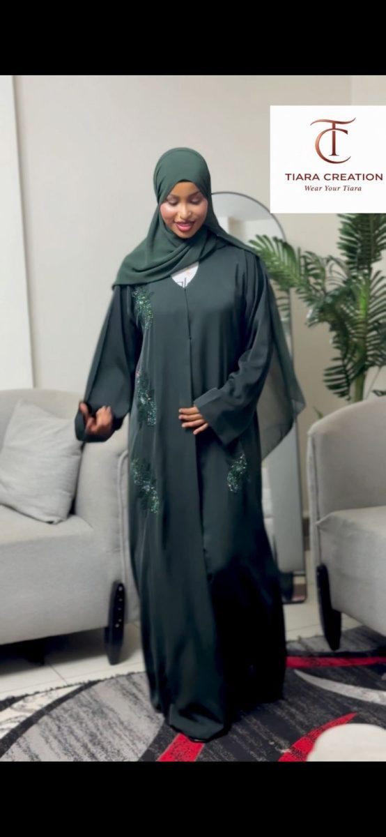 Forest Green Embroided Open Abaya