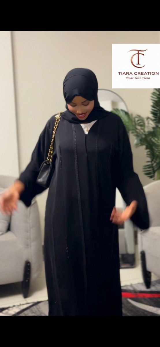 Midnight Black Open Abaya with Pearl Buttons