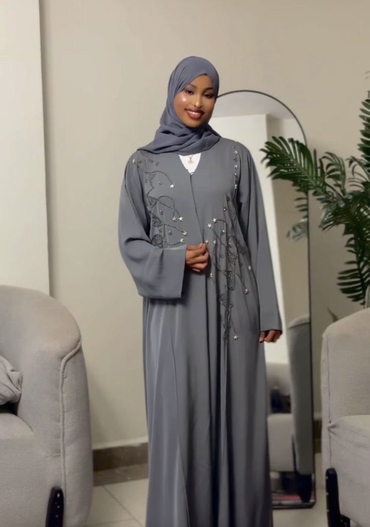 Slate Blue Open Abaya with Pearl Buttons