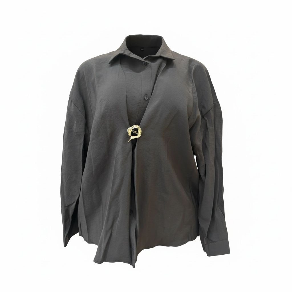 Classic Linen Shirt with Gold Brooch Detail